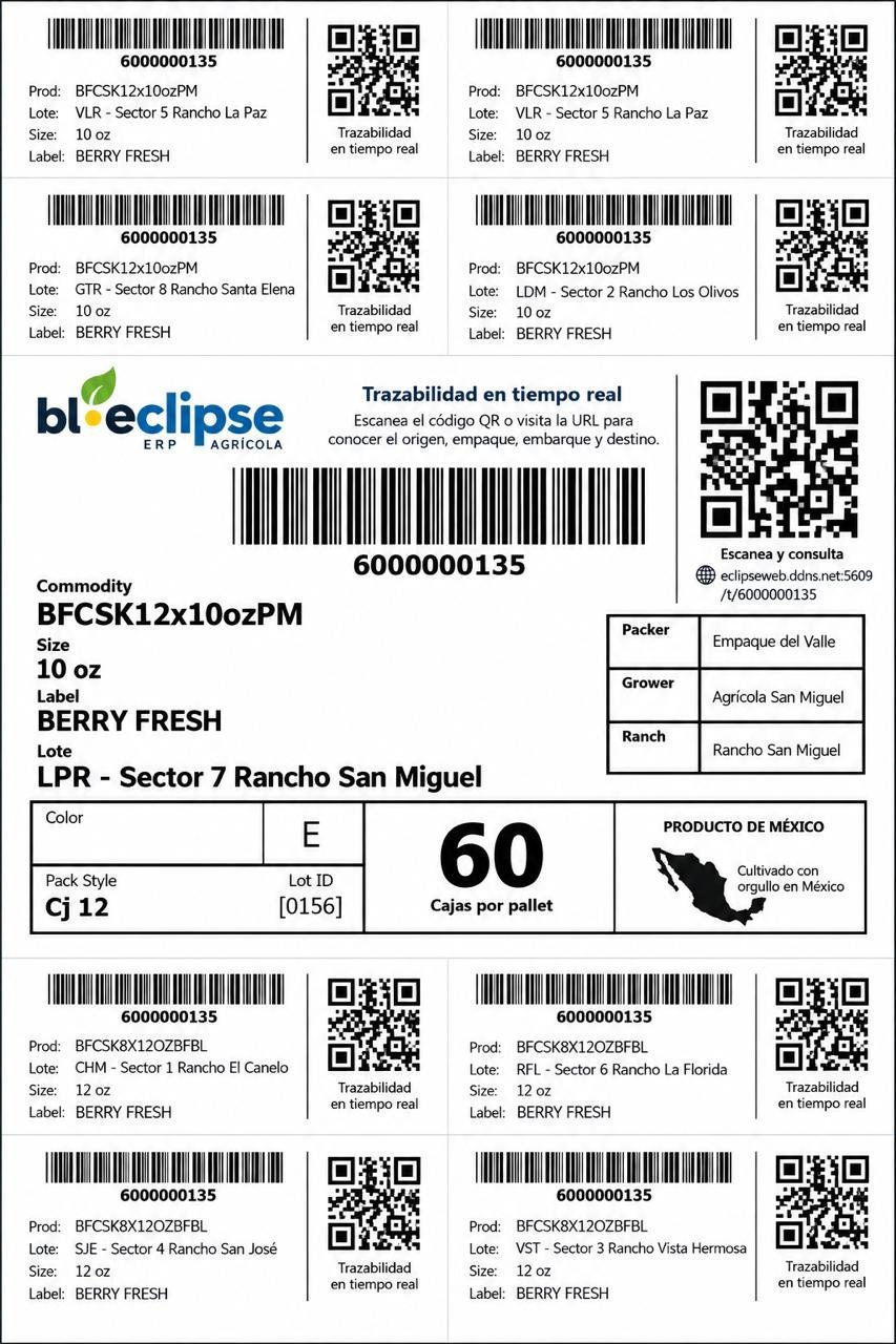 Etiquetas PTI con código QR de trazabilidad impresas desde Eclipse ERP