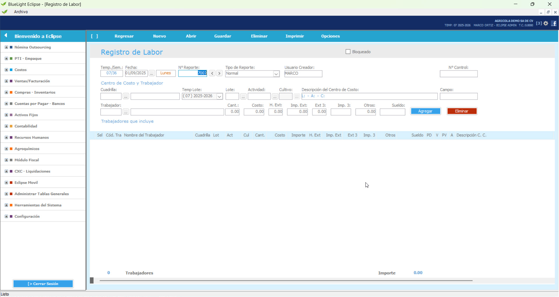 Registro de Labor Eclipse
